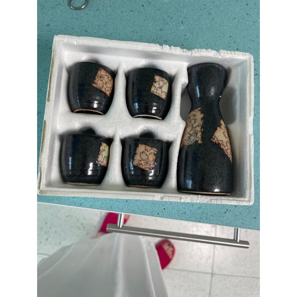 MCI Vintage Saki Set Black Ceramic Boxed Collections Japan